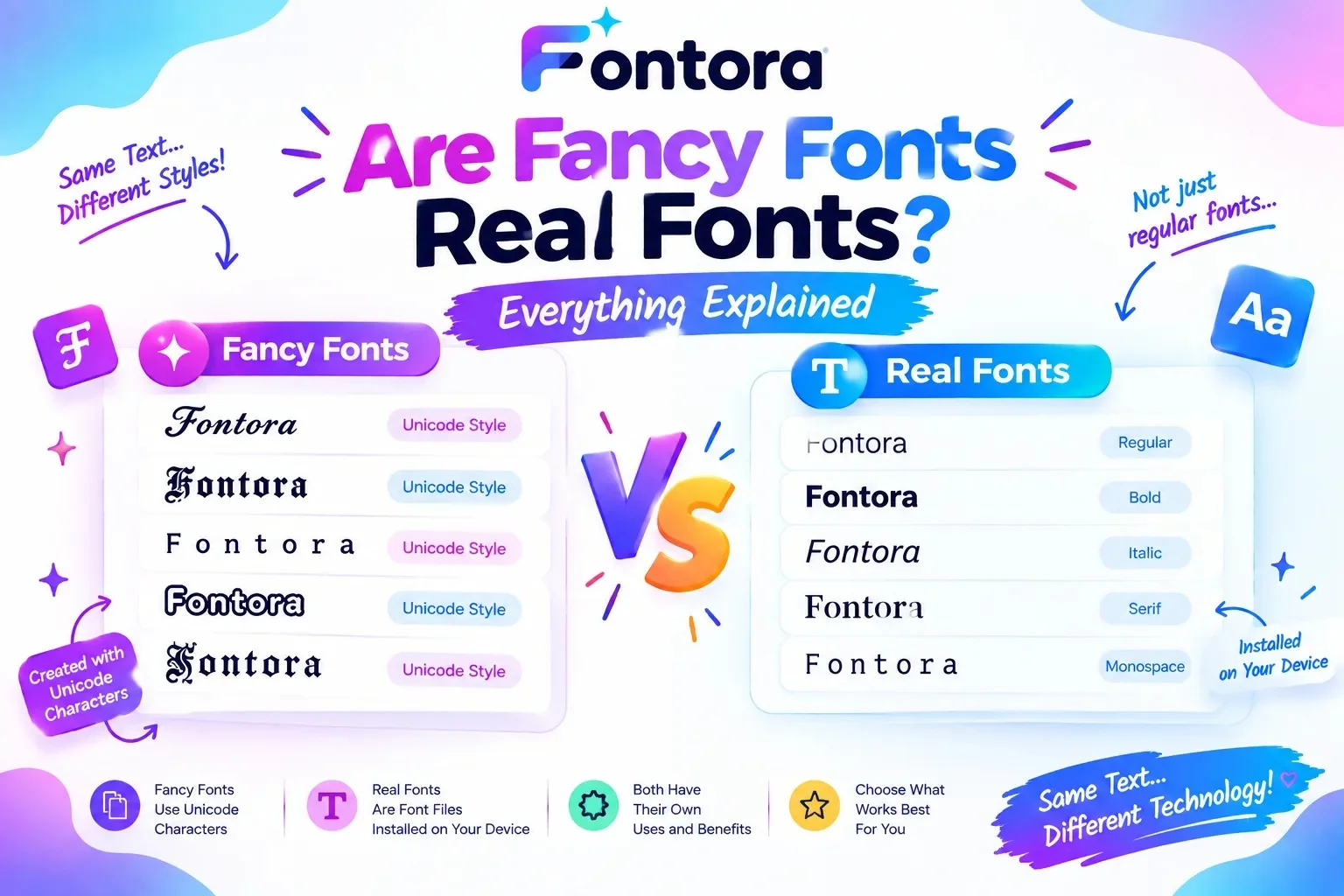 Are Fancy Fonts Real Fonts comparison infographic showing the difference between Unicode-based fancy fonts and real font files with examples from Fontora