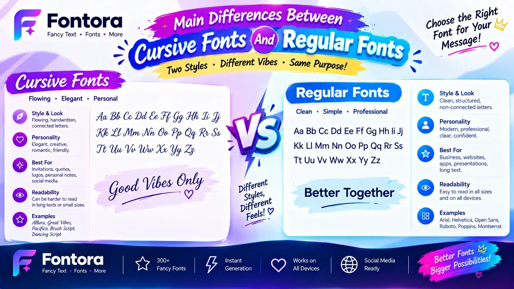 Cursive fonts vs regular fonts comparison guide showing differences in style, readability, personality, and best uses.