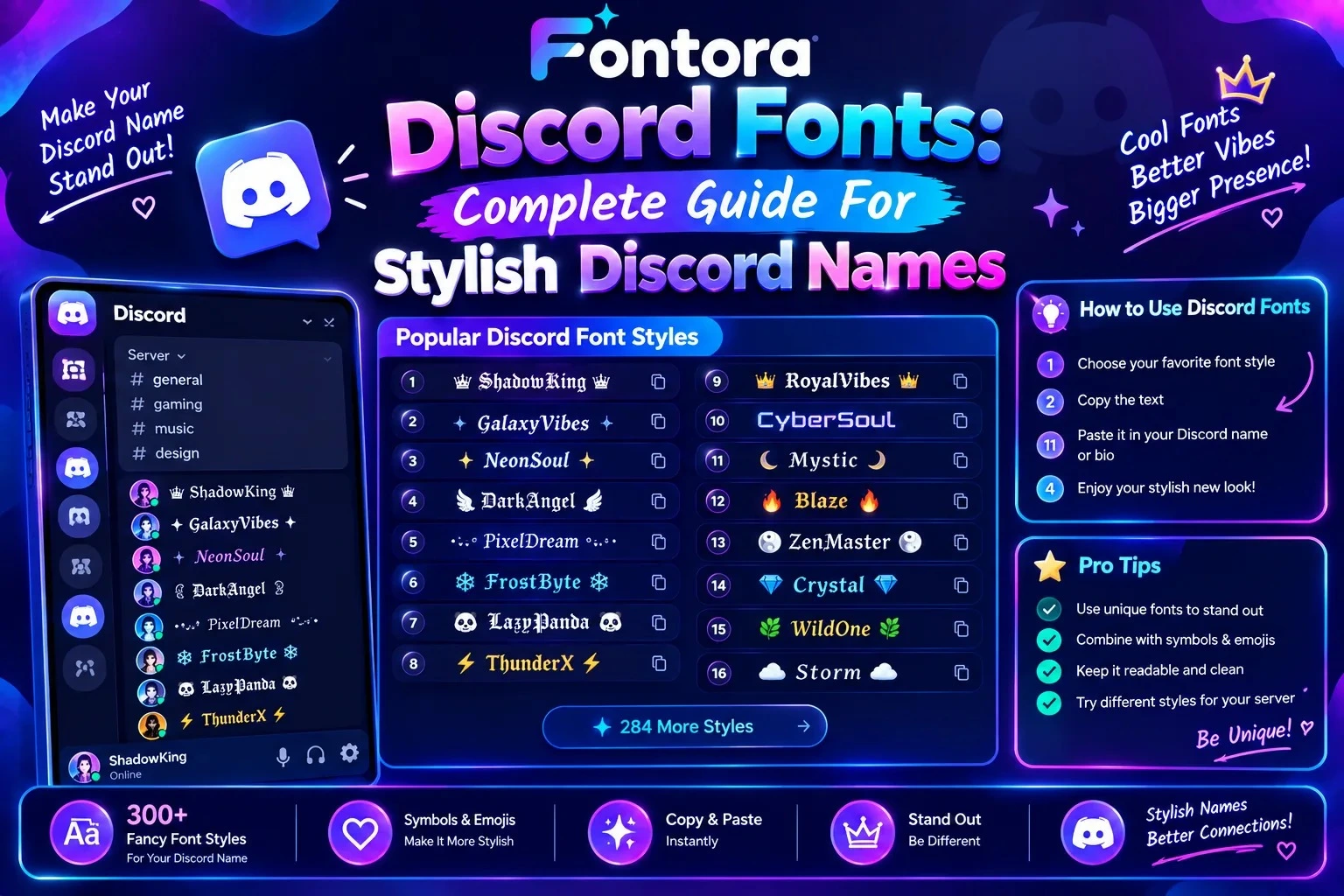 Discord fonts guide showing stylish Discord names, fancy font styles, Unicode text examples, and creative username ideas