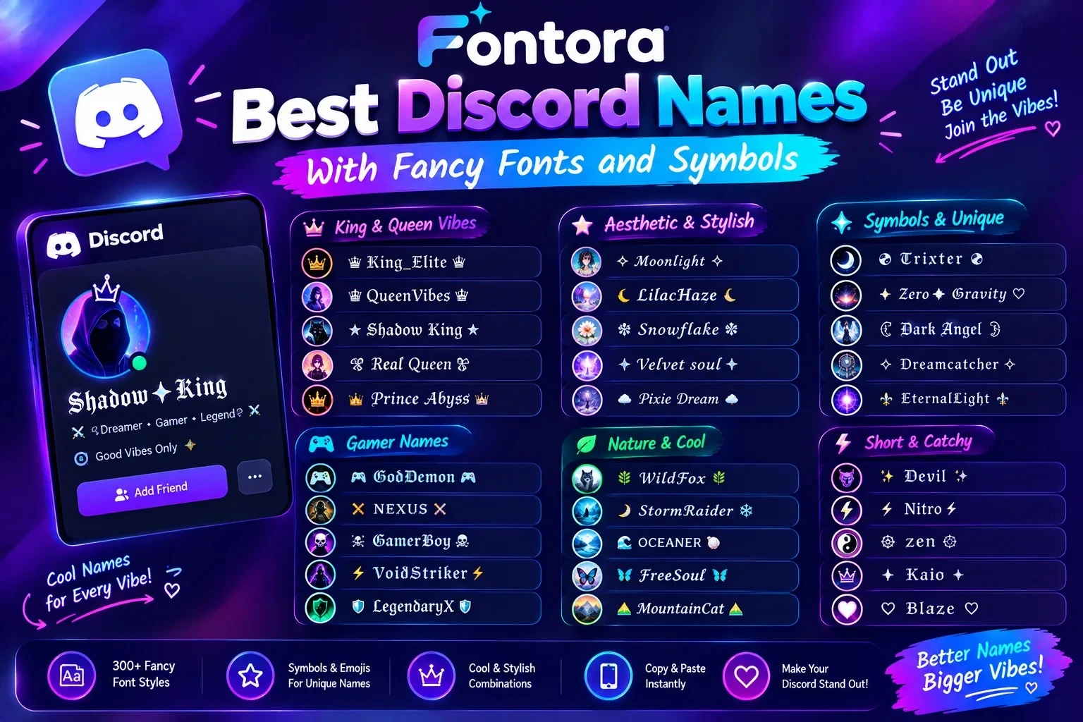 Best Discord names with fancy fonts and symbols featuring stylish gamer usernames, aesthetic Discord names, unique text styles, and copy-paste username ideas