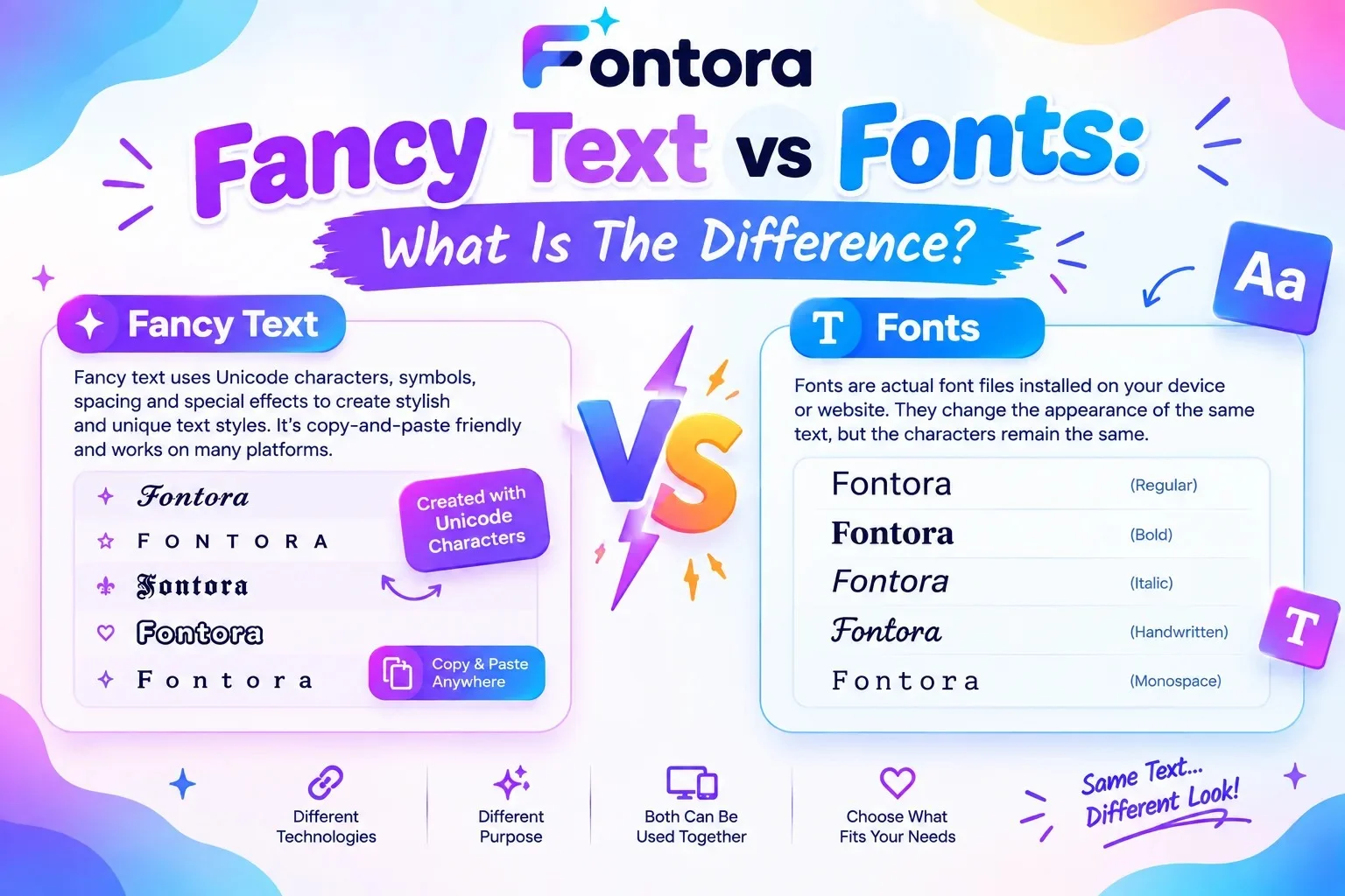 Fancy Text vs Fonts comparison infographic showing the difference between Unicode-based fancy text and real fonts with examples, copy-paste styles, and typography features by Fontora