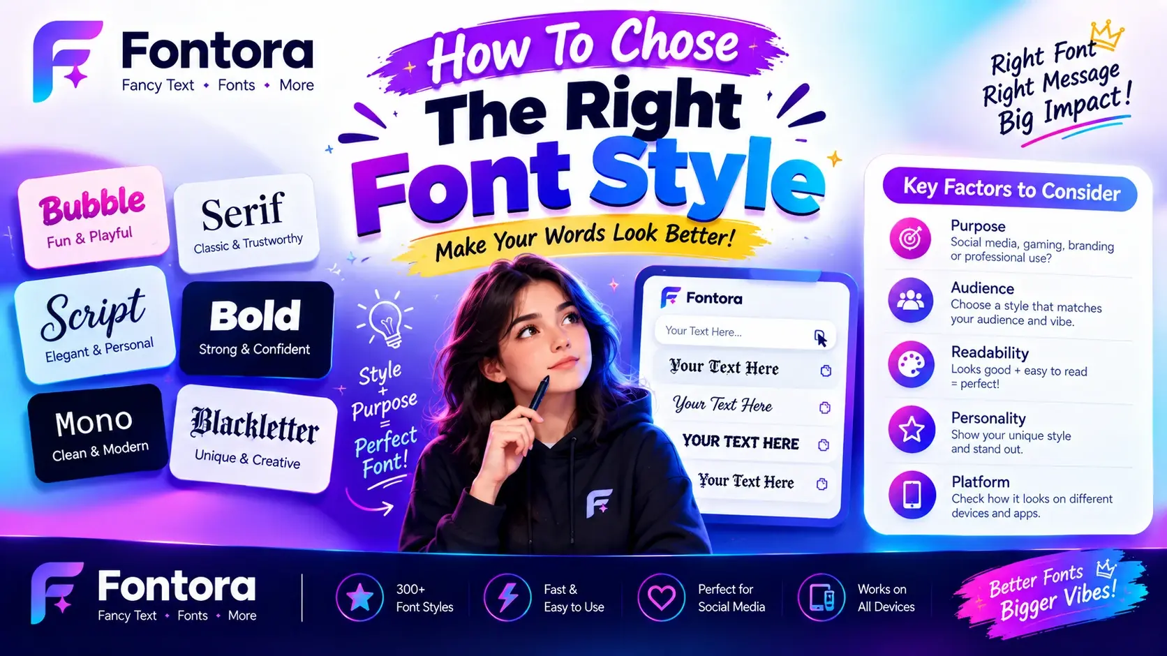 How to choose the right font style based on purpose, audience, readability, personality, and platform