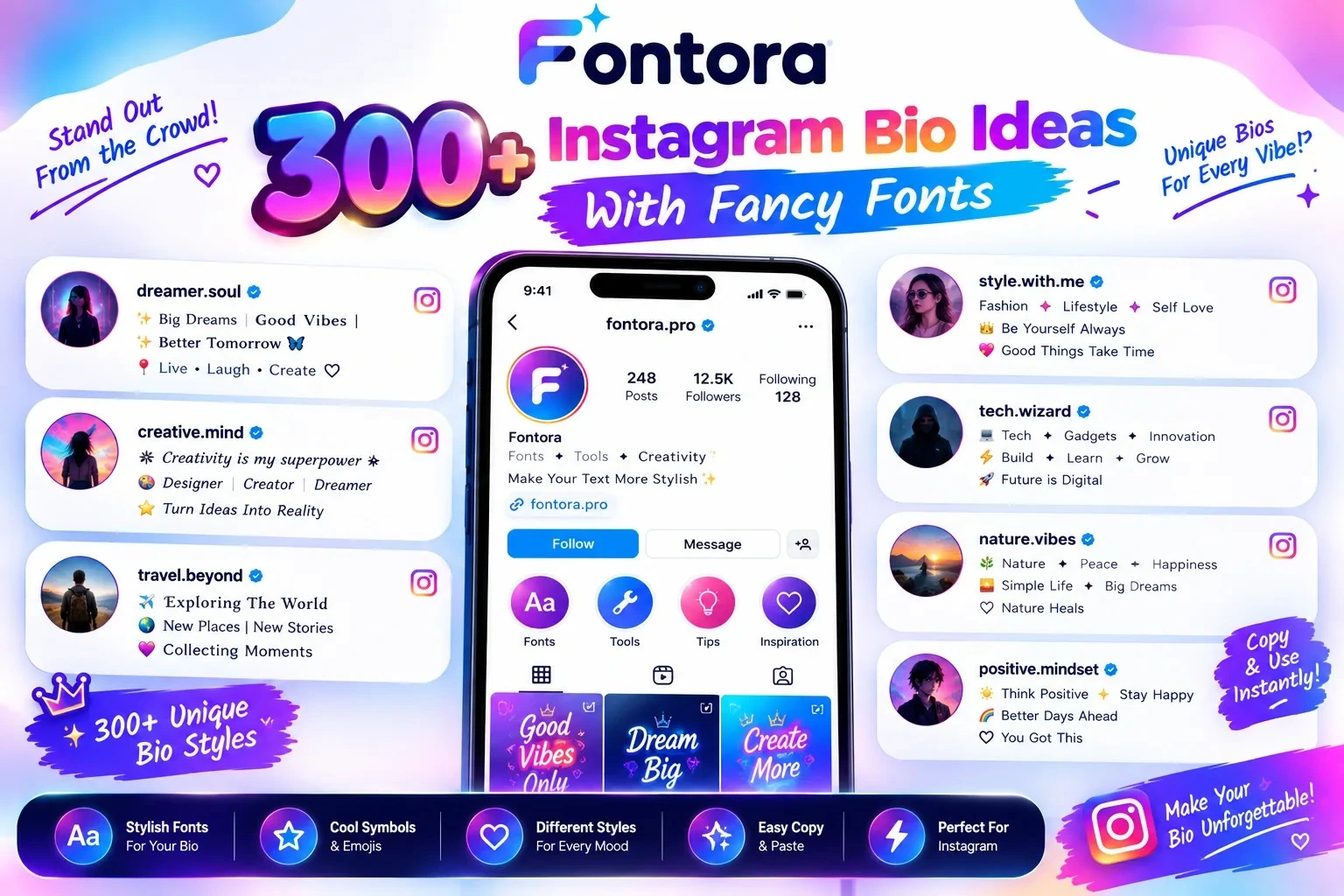 300+ Instagram bio ideas with fancy fonts featuring stylish Instagram profile examples, creative bio templates, cool symbols, emojis, and Fontora text styling tools for unique Instagram bios.