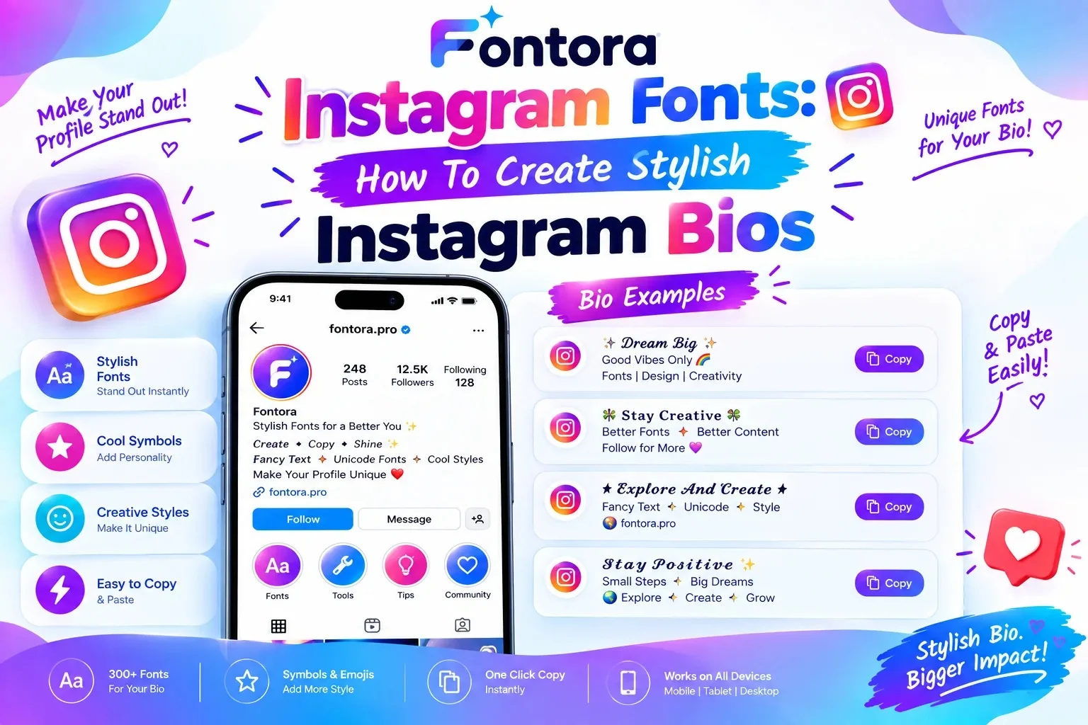 Instagram fonts generator showing stylish Instagram bio examples with fancy fonts, Unicode text styles, copy and paste options, and creative profile customisation features.