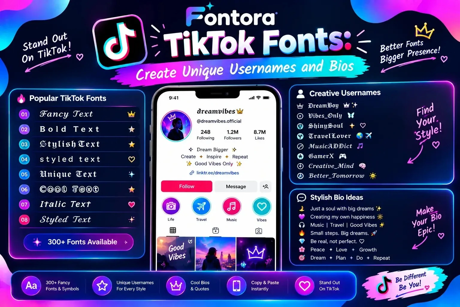 TikTok fonts with stylish usernames, fancy bio ideas, and creative text styles.