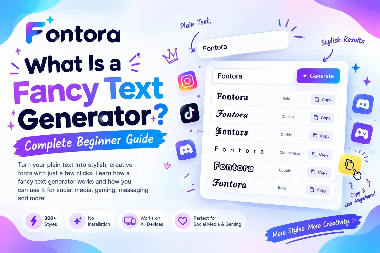 Beginner guide to a fancy text generator showing Fontora tool converting plain text into stylish Unicode fonts for social media, gaming, messaging, and creative profiles.