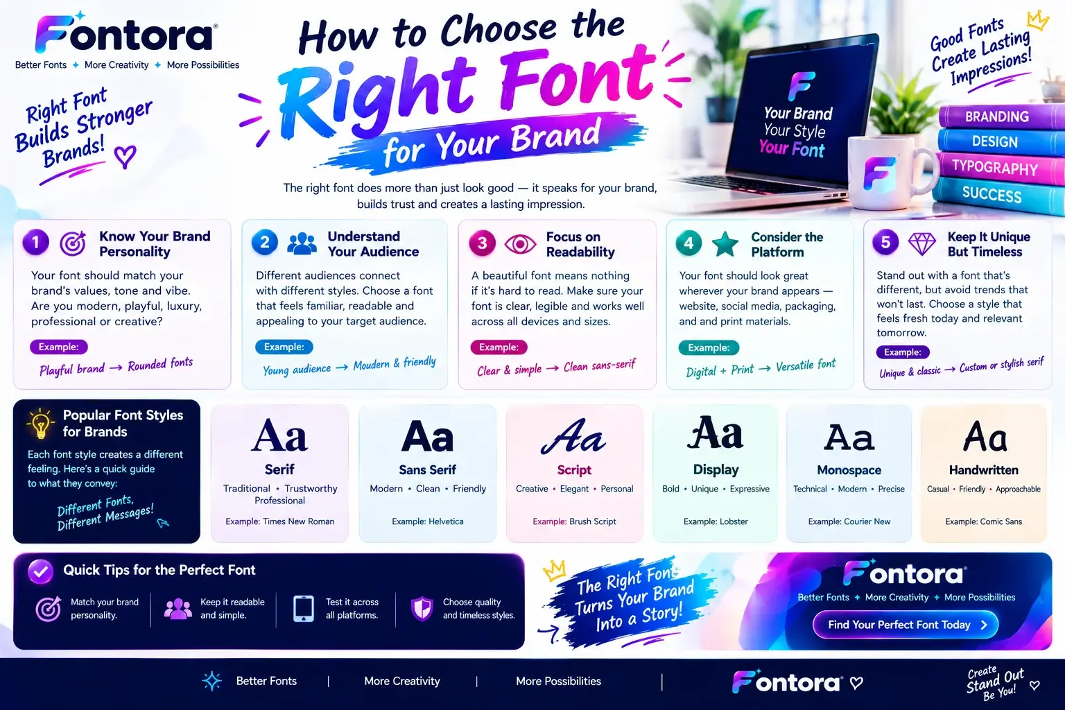 Fontora infographic explaining how to choose the right font for a brand, with tips on brand personality, audience, readability, platform compatibility, and popular font styles.