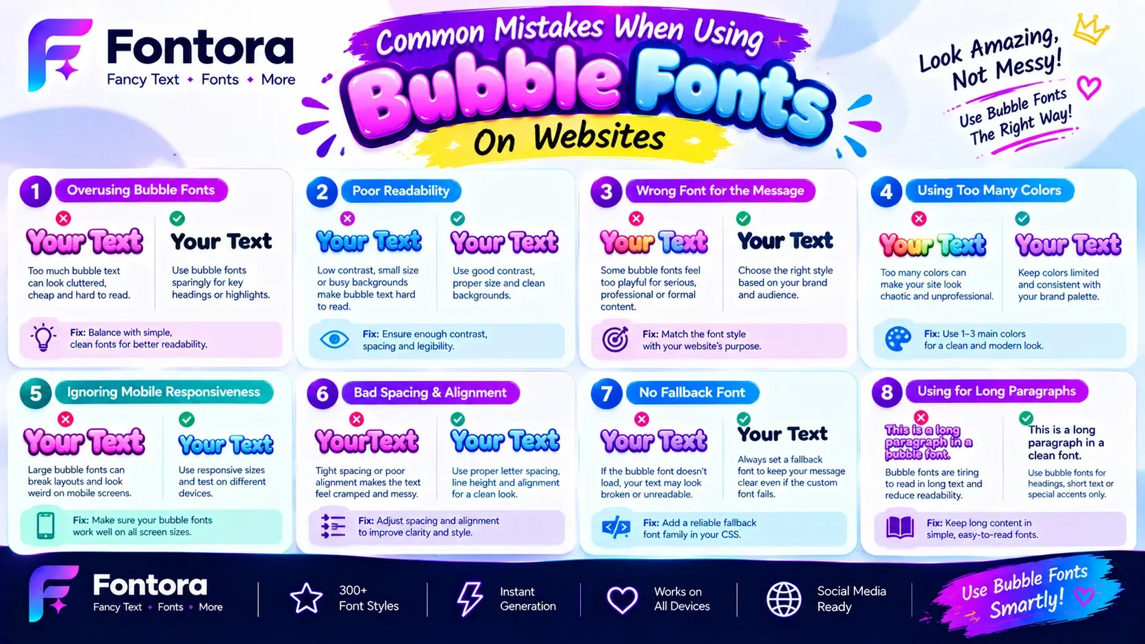 Common mistakes when using bubble fonts on websites, including overuse, poor readability, wrong font choice, excessive colors, spacing issues, and mobile responsiveness.