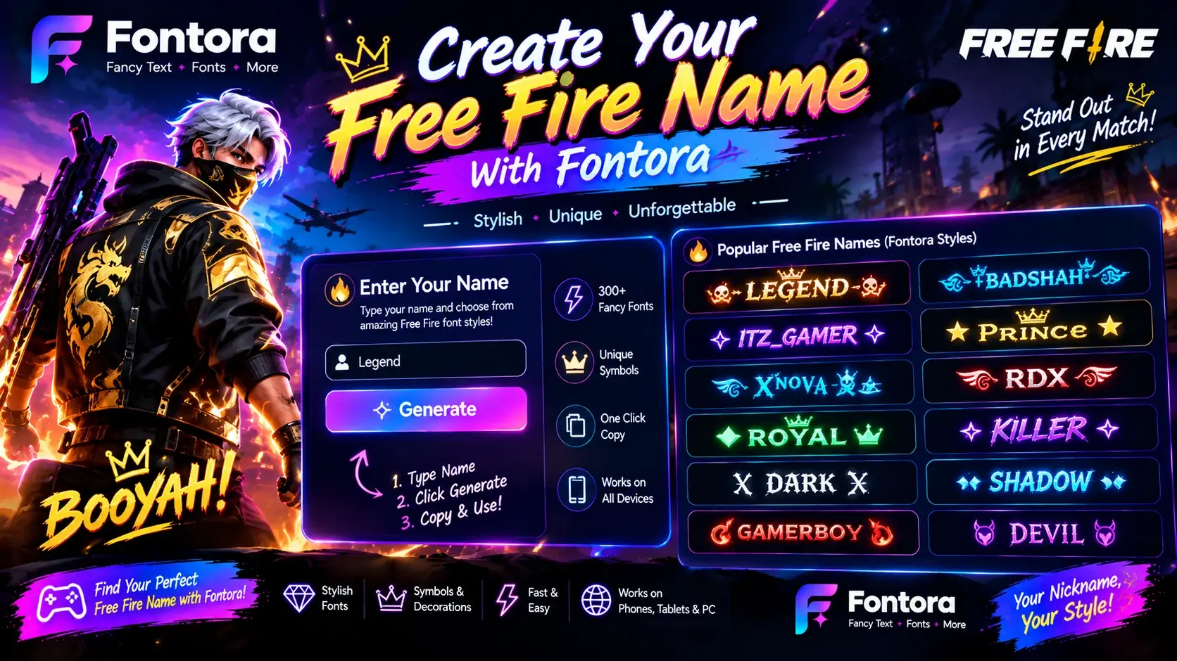 Create a stylish Free Fire name with Fontora using fancy fonts, unique symbols and decorative gaming name styles