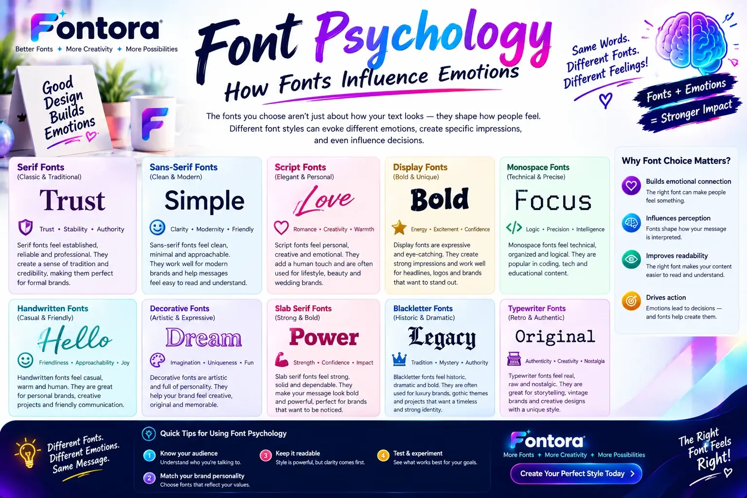 Fontora infographic explaining font psychology and how serif, sans-serif, script, display, monospace, handwritten, decorative, slab serif, blackletter, and typewriter fonts influence emotions and brand perception.
