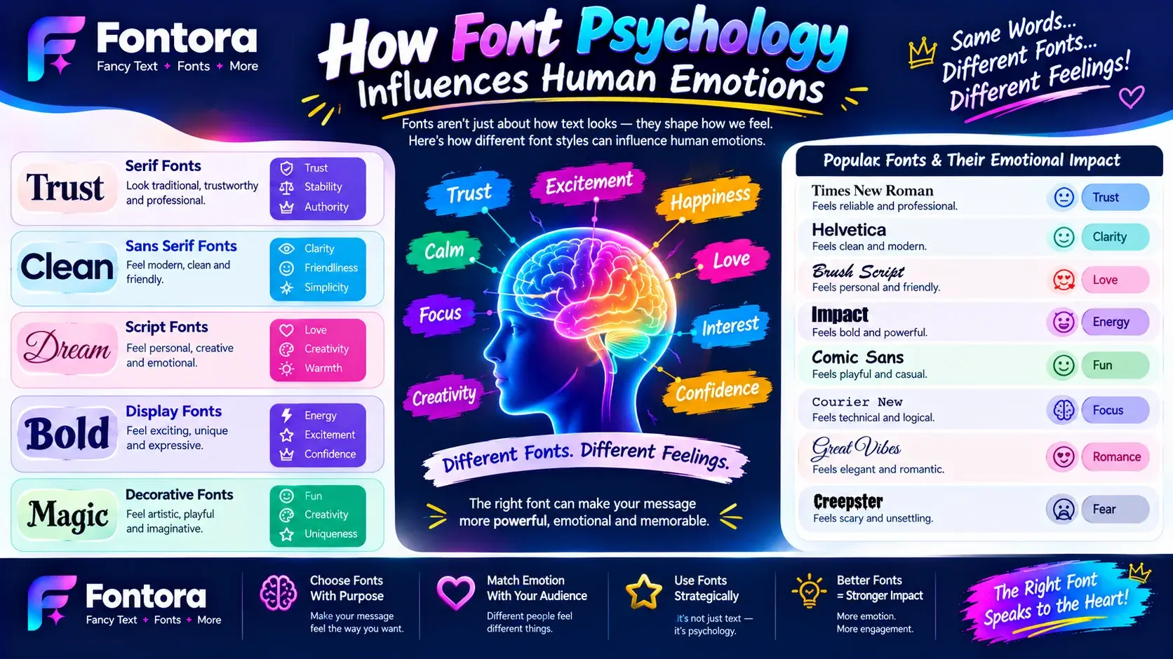 Infographic explaining how serif, sans-serif, script, display, and decorative fonts influence human emotions, with examples of popular fonts and their emotional impact.