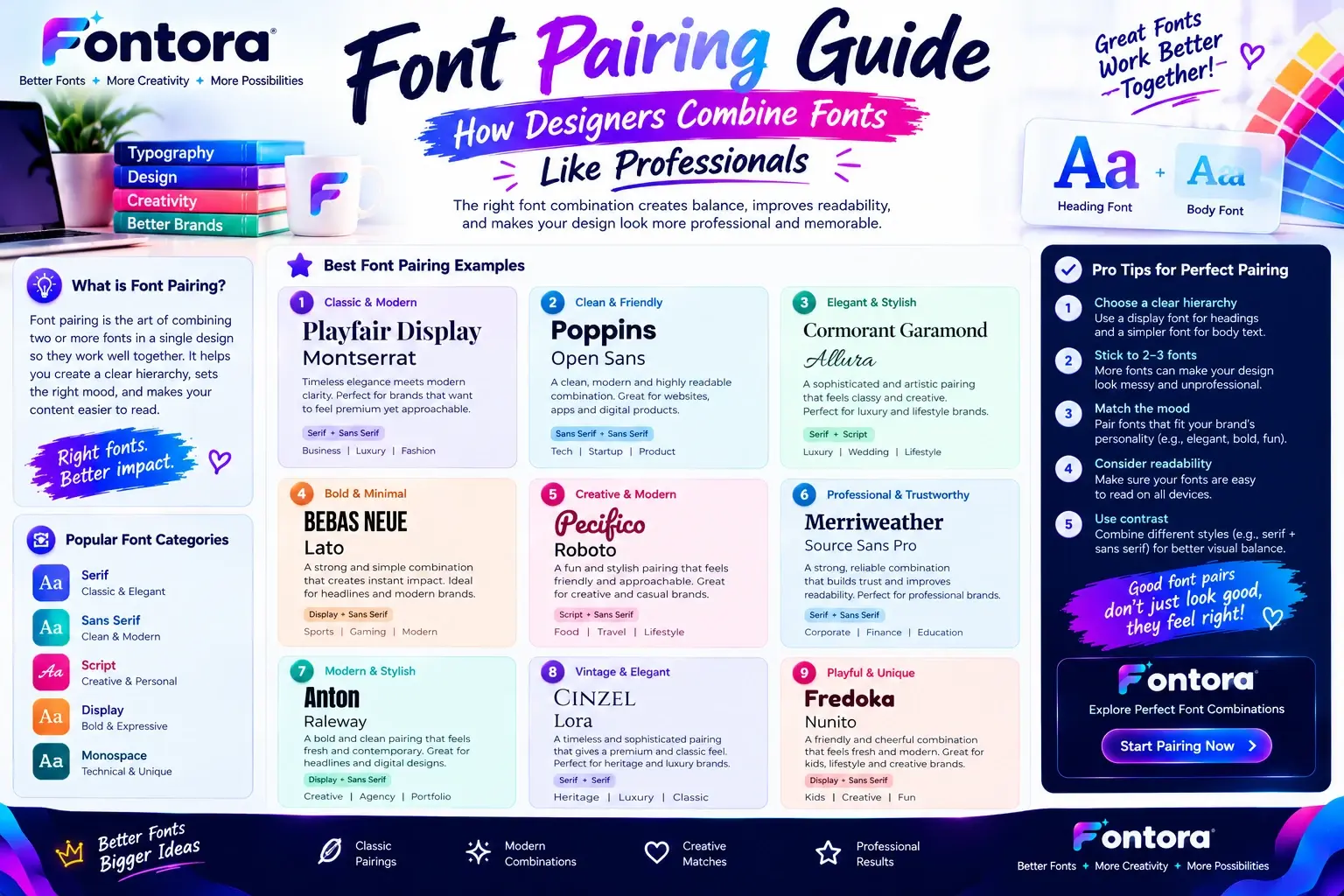 Fontora infographic showing font pairing examples such as Playfair Display with Montserrat, Poppins with Open Sans, and Cormorant Garamond with Allura, plus typography categories and tips for choosing complementary fonts.