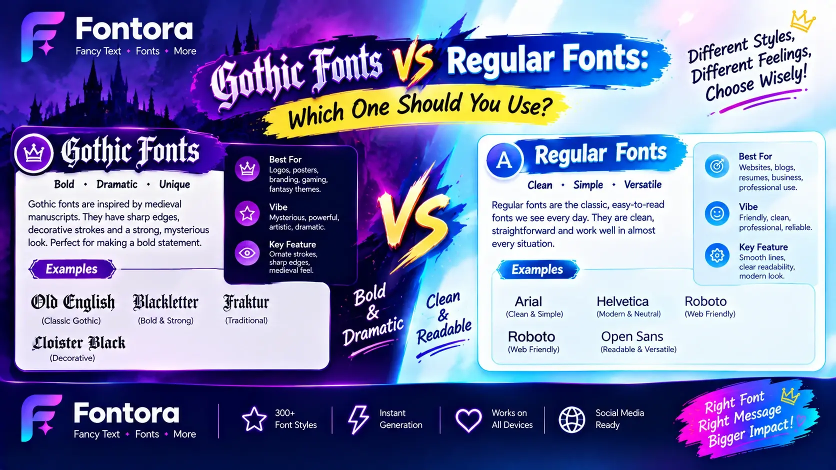 Gothic fonts vs regular fonts comparison showing styles, examples, readability, and best uses for design and typography