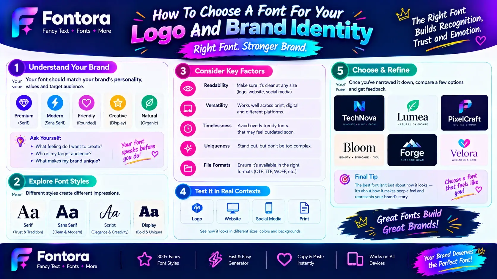 Infographic explaining how to choose a font for a logo and brand identity, comparing serif, sans serif, script, and display fonts with tips for readability, versatility, and testing designs.