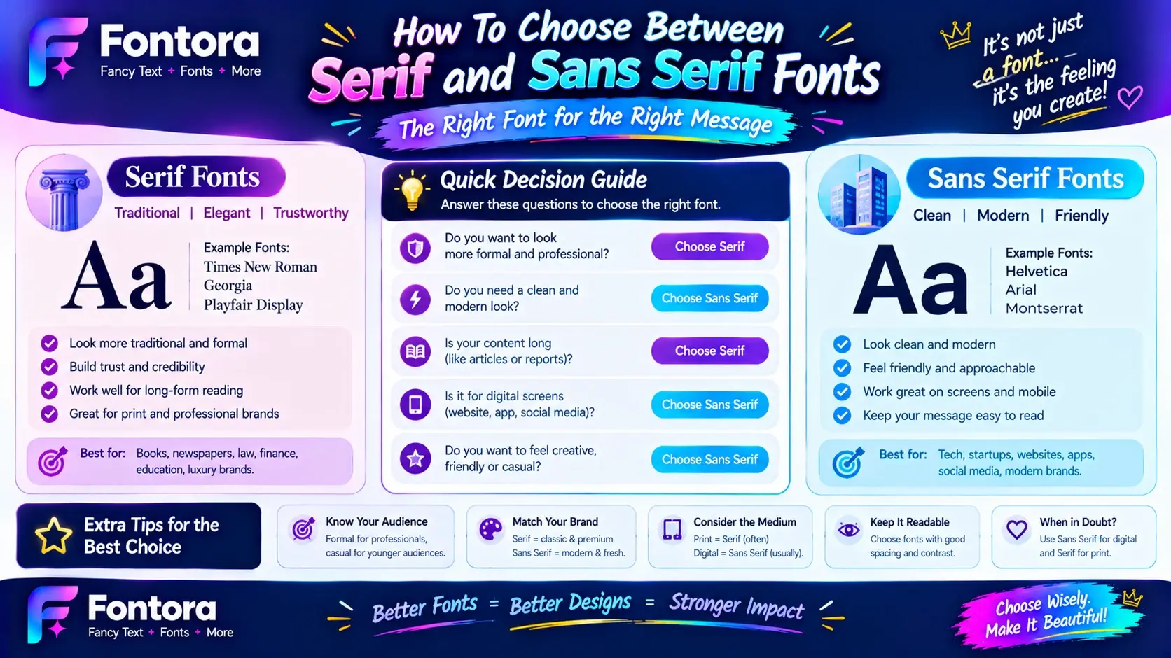 Infographic comparing serif and sans serif fonts, with examples, key differences, and tips for choosing the right typography for print, websites, and branding.