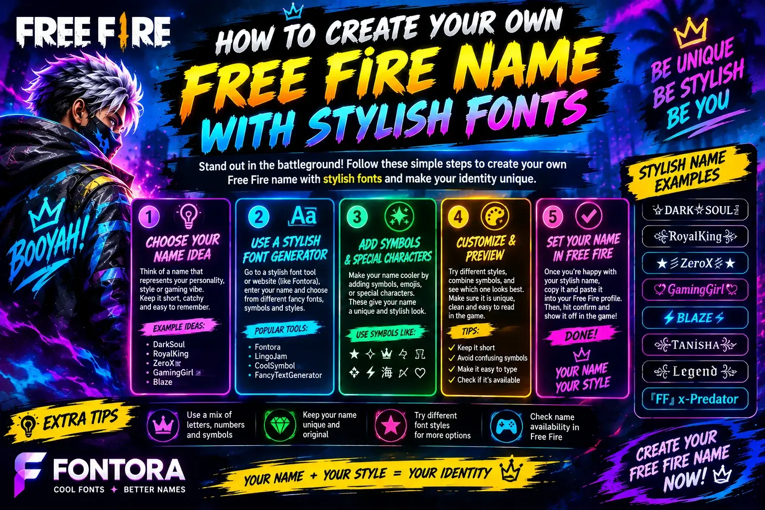 How to create a Free Fire name with stylish fonts, symbols and special characters using Fontora