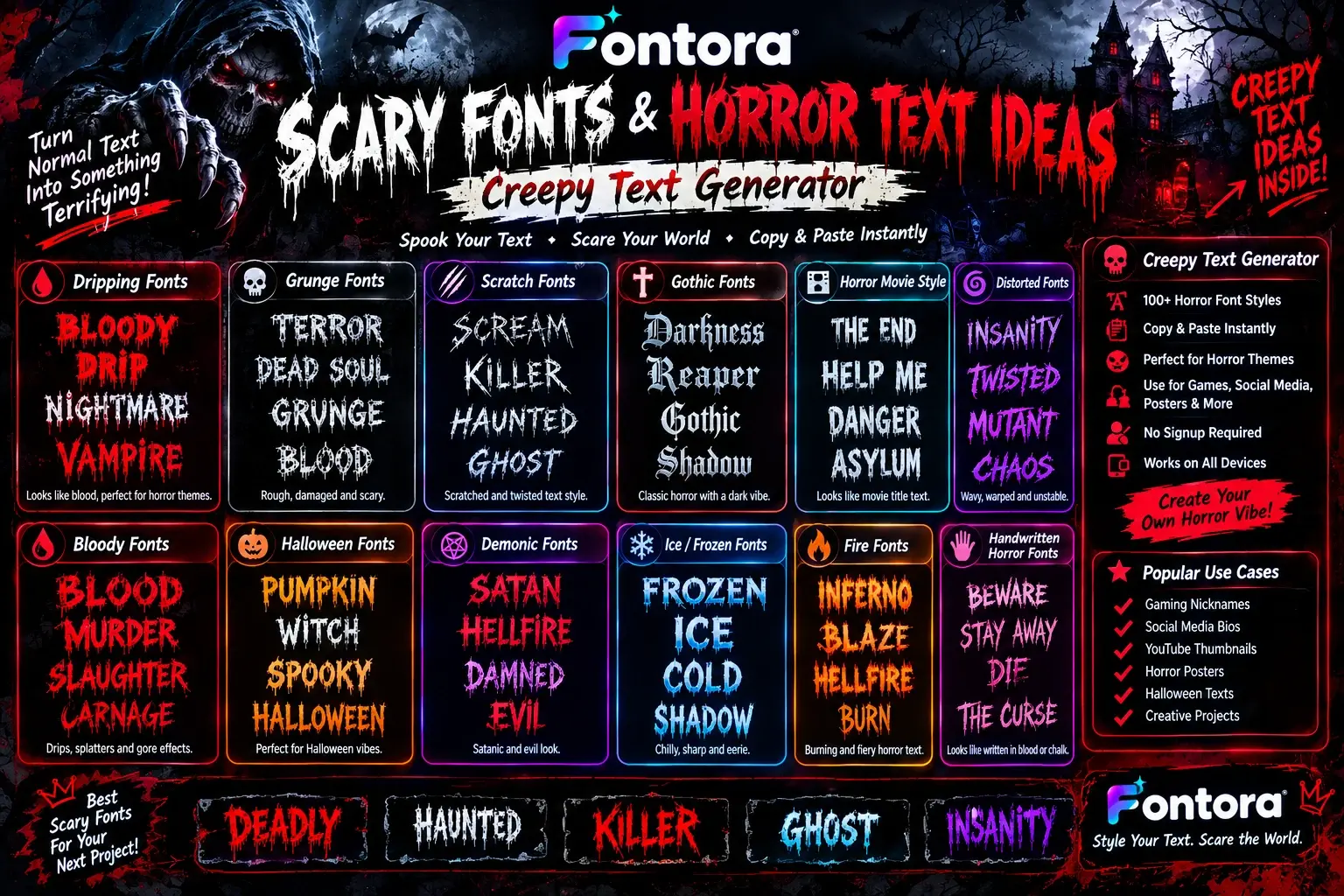 Fontora infographic showcasing scary fonts and horror text ideas, including dripping, grunge, scratch, gothic, Halloween, demonic, ice, fire, and handwritten horror styles.
