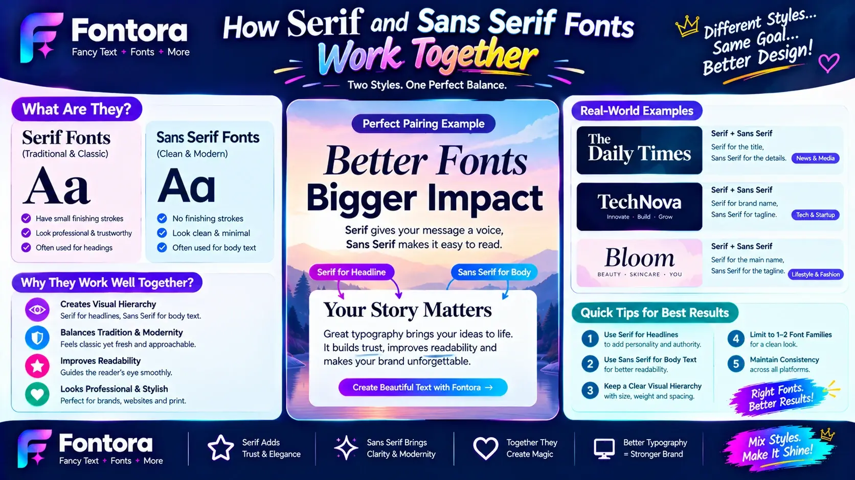 Infographic explaining how serif and sans serif fonts work together, with font examples, typography pairing tips, readability benefits, and real-world branding examples.