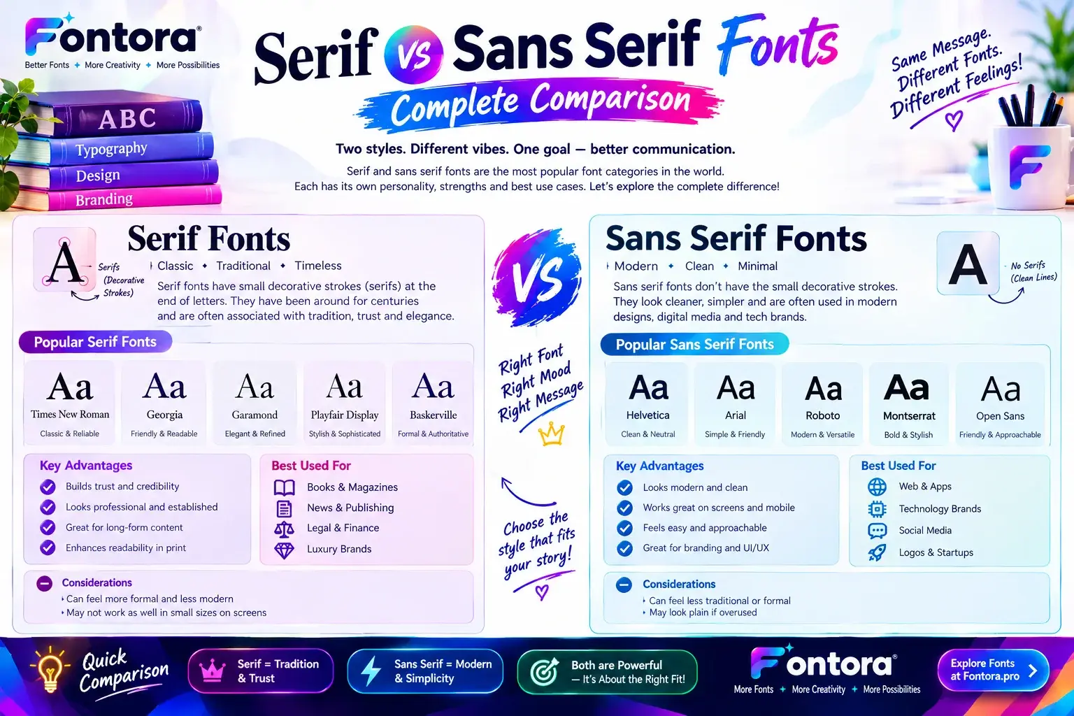 Infographic comparing serif and sans serif fonts, including their defining features, popular typefaces, advantages, drawbacks, and best uses in print, websites, apps, branding, and digital design.