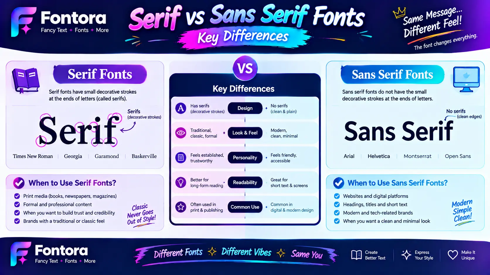 Infographic comparing serif and sans serif fonts, showing their key differences, examples, readability, design styles, and best uses.