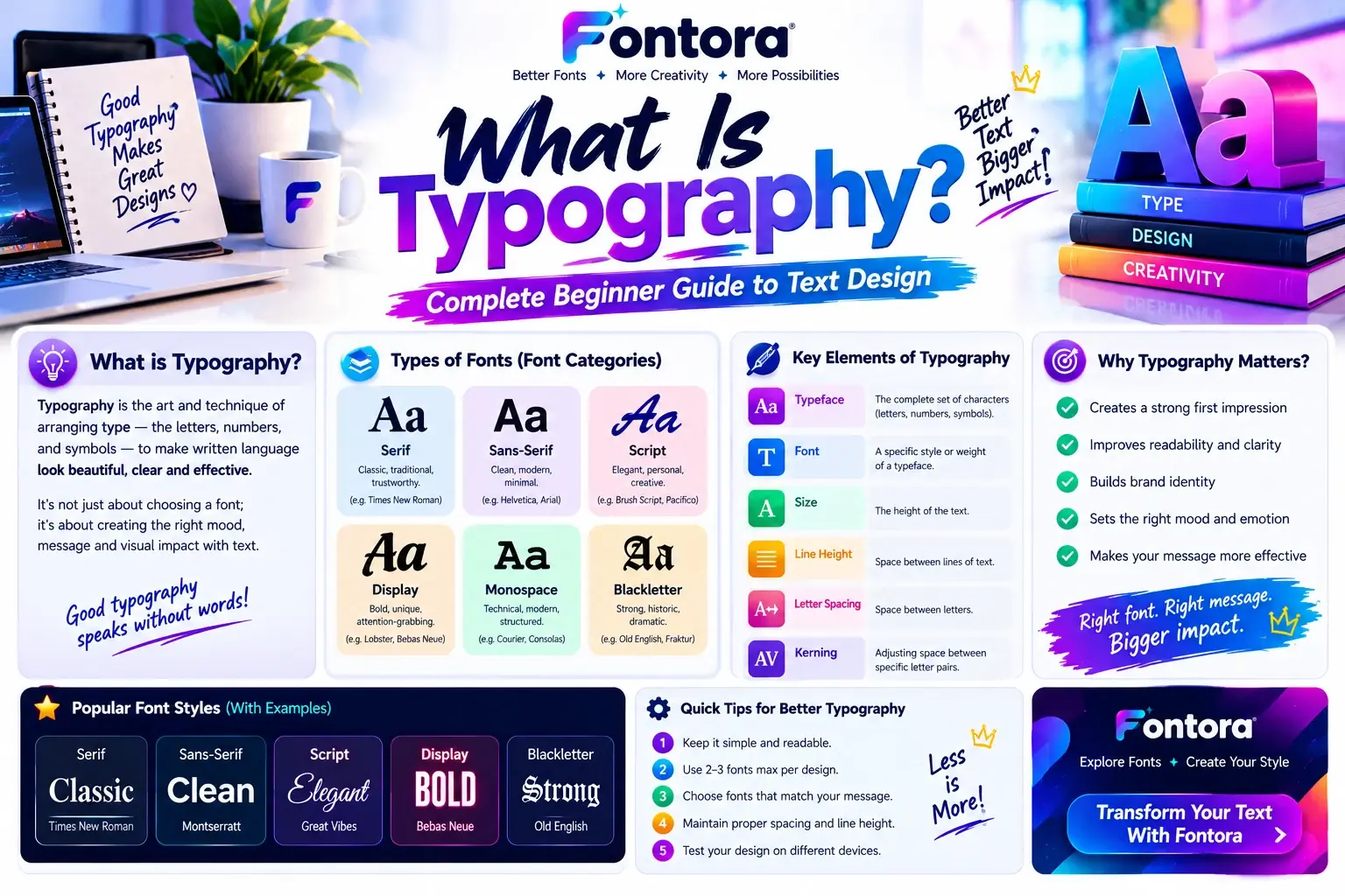 Fontora infographic explaining typography, font categories, key typography elements, benefits, popular font styles, and tips for better text design.